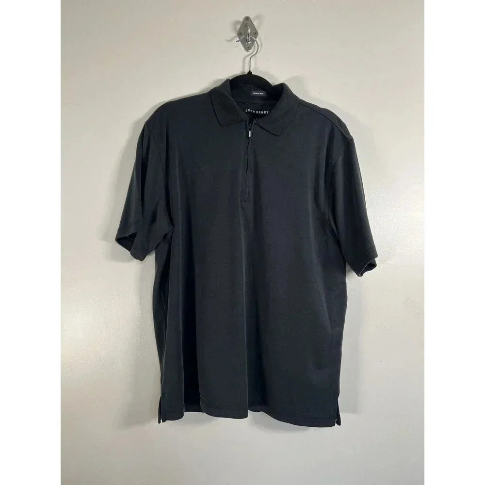 John Henry Ultra Feel Black 1/4 Zip Short Sleeve Mens Shirt Rayon Blend M